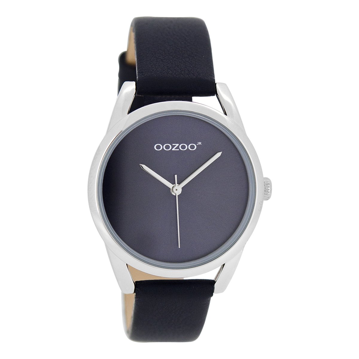 OOZOO Timepieces - Zilverkleurige horloge met donker blauwe leren band - JR293