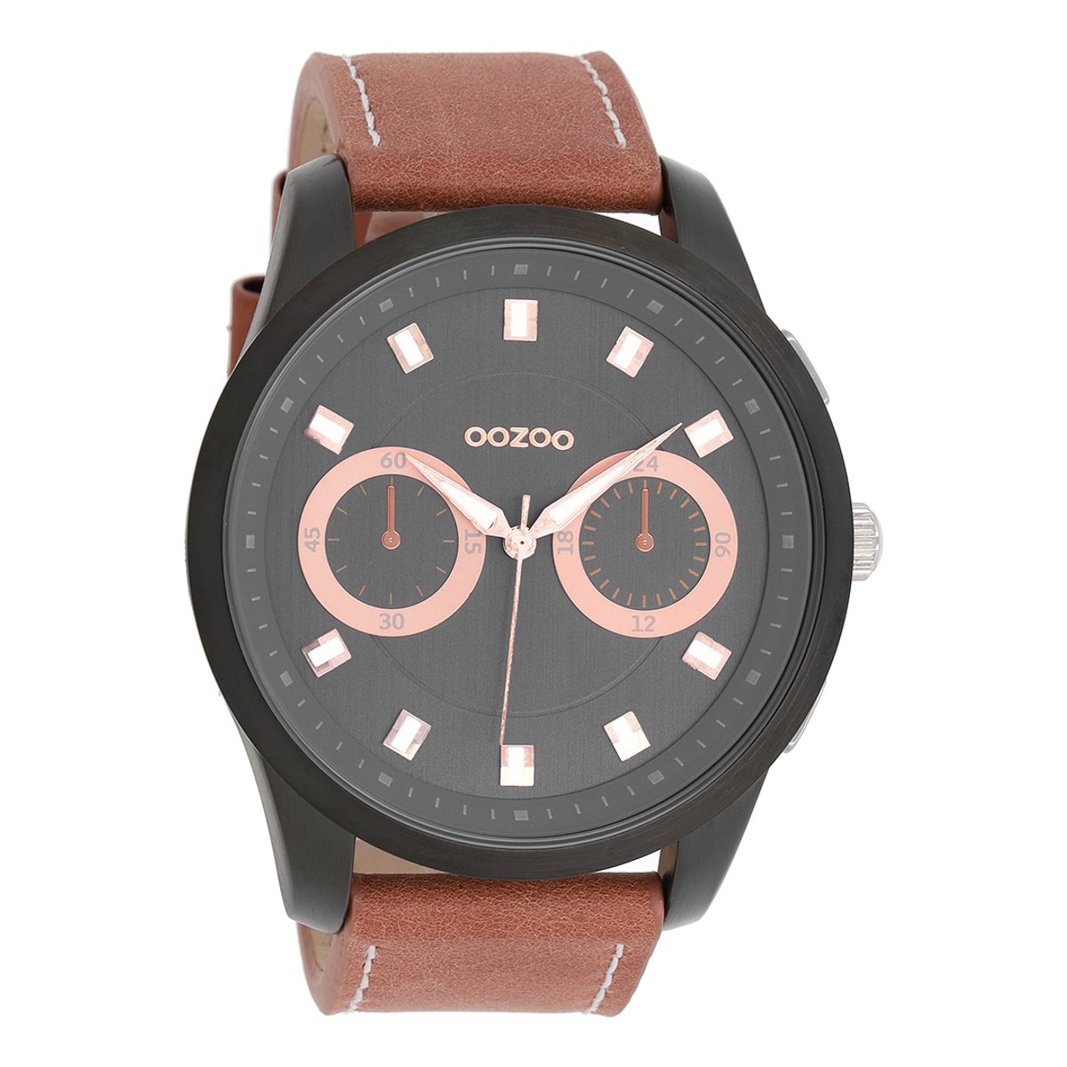 OOZOO Timepieces - Zwarte horloge met bruine leren band - C8208