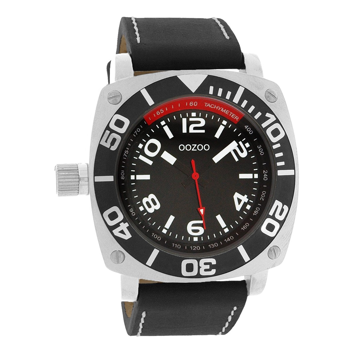 OOZOO Timepieces - Zilverkleurige horloge met zwarte leren band - C2281