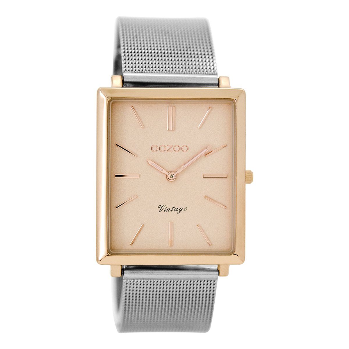 OOZOO Timepieces - Rosé goudkleurige horloge met zilverkleurige metalen mesh armband - C8182