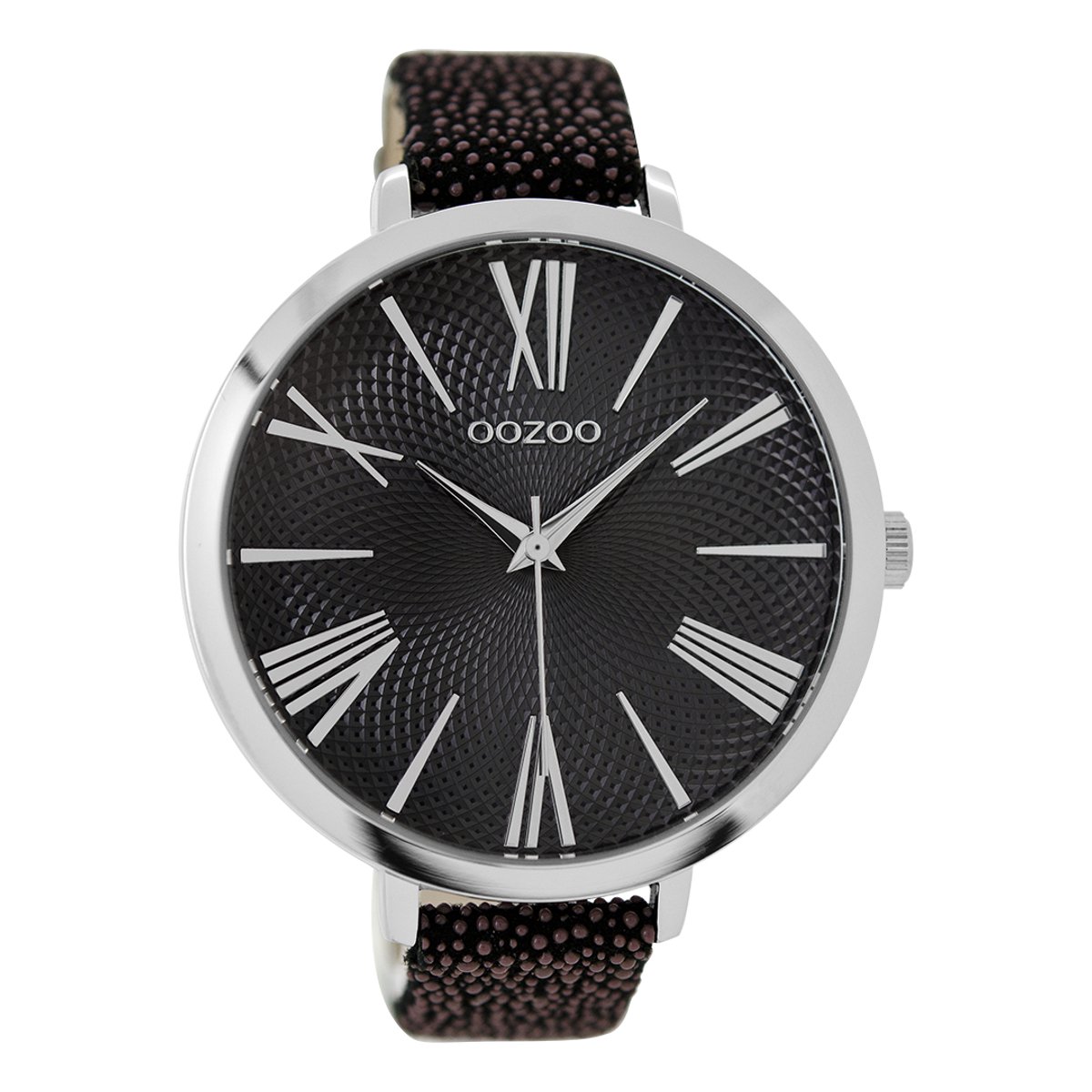 OOZOO Timepieces - Zilverkleurige horloge met zwarte leren band - C9173