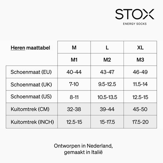 Maattabel voor heren sportsokken van STOX ENERGY SOCKS, met schoenmaten en kuitomtrek.