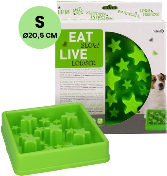 Eat Slow Live Longer Star Voerbak – anti-schrok voerbak – Slow feeder voor honden – Anti-slip – Groen – 20x20 cm - Small/Medium – Geschikt voor kleine en middelgrote honden