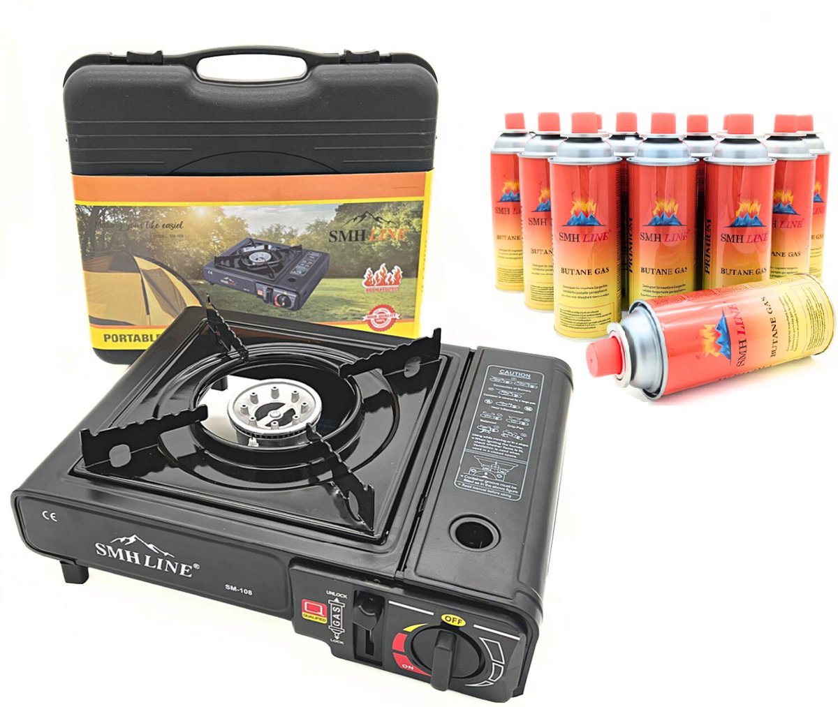 Camping kooktoestel -Gasbranders- Draagbaar Gasfornuis- INCLUSIEF 16x Gas Flessen en KOFFER