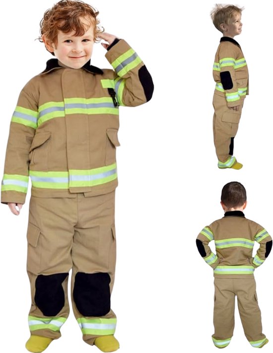 Joya Kids® Brandweer kostuum kind Bruin Geel | Brandweerpak kinderen | Carnavalskleding | Carnaval kostuum | Jongen | Maat S | 4 tot 5 jaar