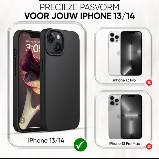 Zwarte iPhone 13/14 hoes op een iPhone, met illustraties van de geschikte iPhone 13/14 en de niet-geschikte iPhone 13 Pro/Pro Max.