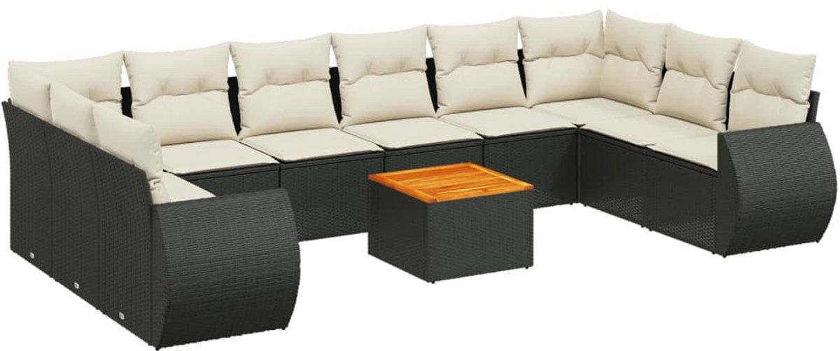The Living Store 11-delige Loungeset met kussens poly rattan zwart - Loungeset - Tuinbank - Buitendecoratie - Lounge Set - Tuinmeubels