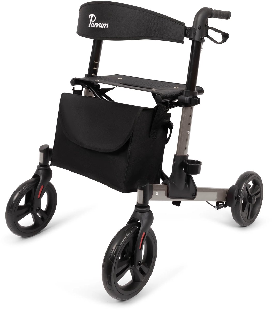 Goedkoopste Parvum Riva - Makkelijk dubbel opvouwbaar (zie filmpje) - Remkabels weggewerkt - Semi-soft banden - Lichtgewicht en opvouwbaar (6,6 kg) - Rollator inclusief tas, stokhouder rugband - Grijs
