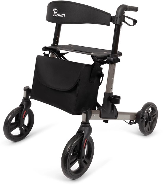 Parvum Riva - Makkelijk dubbel opvouwbaar (zie filmpje) - Remkabels weggewerkt - Semi-soft banden - Lichtgewicht en opvouwbaar (6,6 kg) - Rollator inclusief tas, stokhouder rugband - Grijs