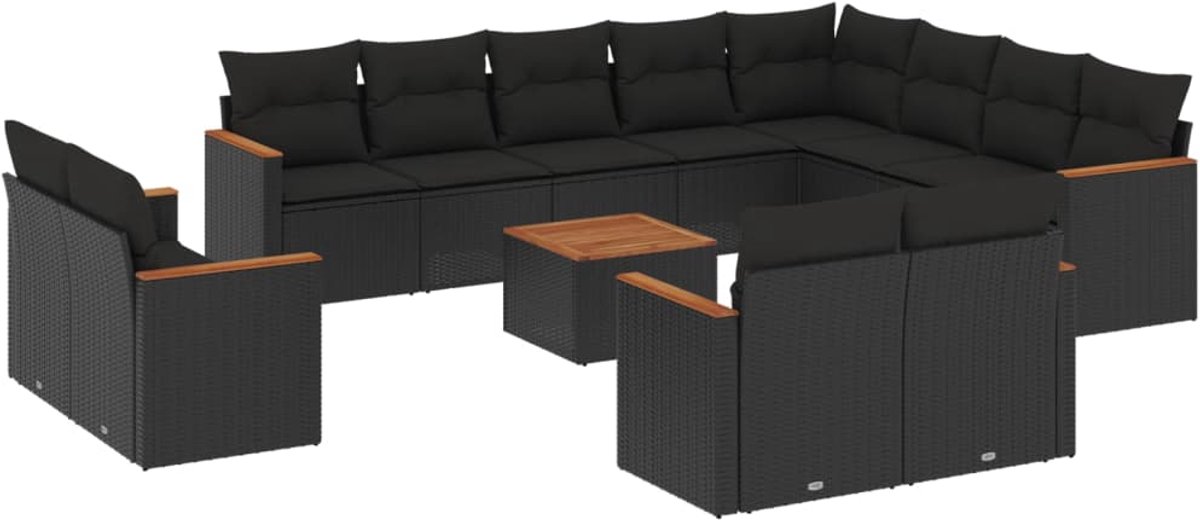 Zwarte loungeset met kussens, poly rattan, buitentuinmeubels.