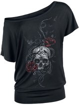 Zwart dames t-shirt met off-shoulder hals en print van een schedel, rode rozen en vogels.