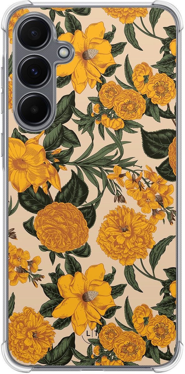 Shockproof hoesje - Geschikt voor Samsung Galaxy A15 - Retro flowers - Extra sterke case - TPU/polycarbonaat - Bloemen - Geel, Transparant