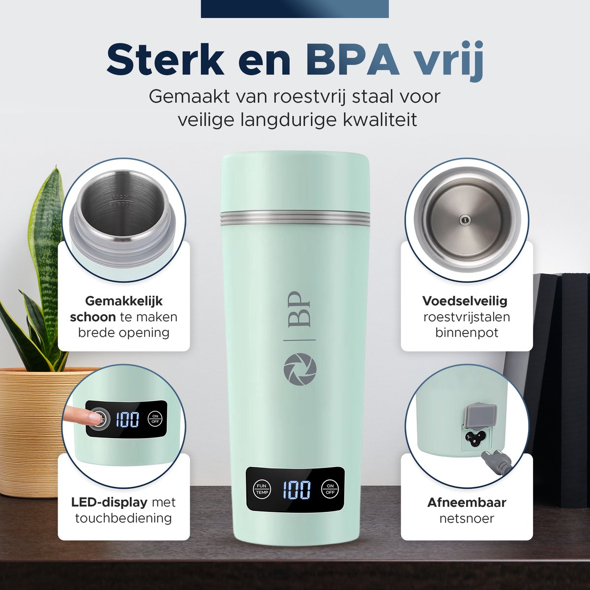 BP® Draagbare Waterkoker - Mini Waterkoker - Kleine Waterkoker - Reis Waterkoker - Camping Waterkoker - Met Temperatuurregeling - Roestvrij Staal - Groen – foto 3