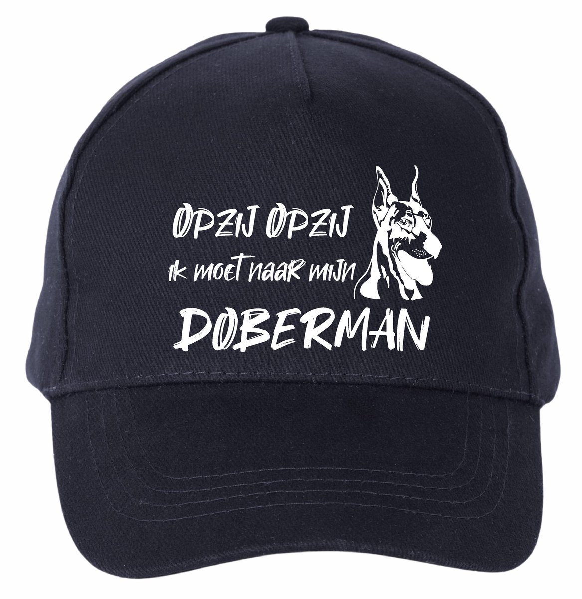 Mijncadeautje - 5 panel - Cap - Verstelbaar - Pet van 100% dik geborsteld katoen- unisex - opdruk wit - opzij opzij naar mijn doberman - navy blauw