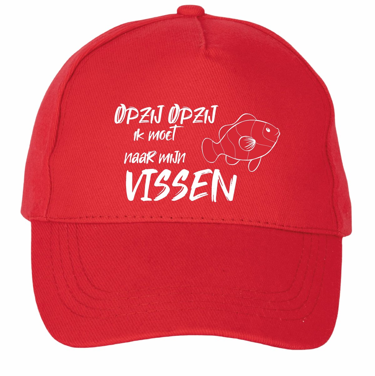 Mijncadeautje - 5 panel - Cap - Verstelbaar - Pet van 100% dik geborsteld katoen- unisex - opdruk wit - opzij opzij naar mijn vissen - rood