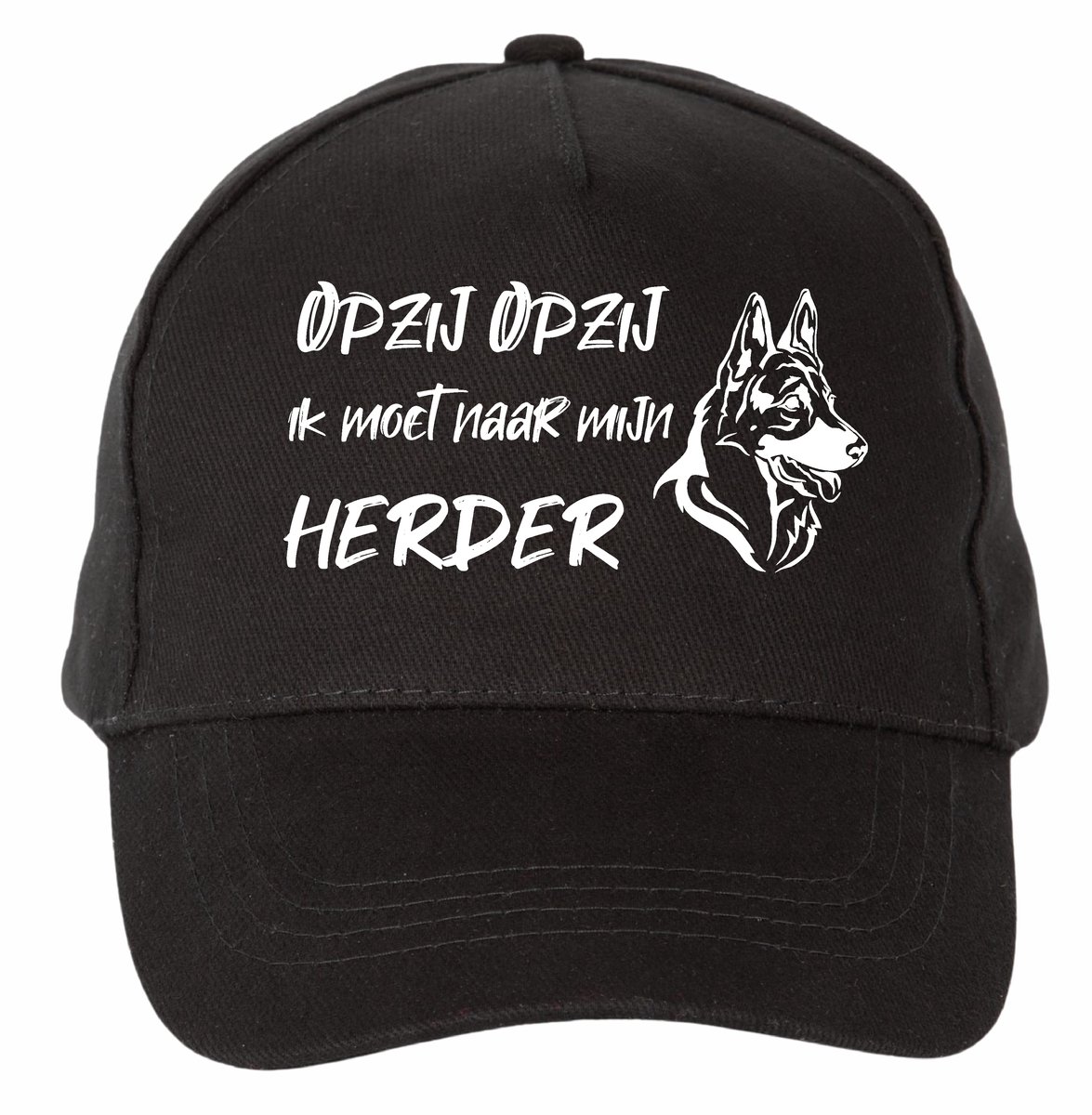 Mijncadeautje - 5 panel - Cap - Verstelbaar - Pet van 100% dik geborsteld katoen- unisex - opdruk wit - Opzij Opzij naar mijn Herder - zwart