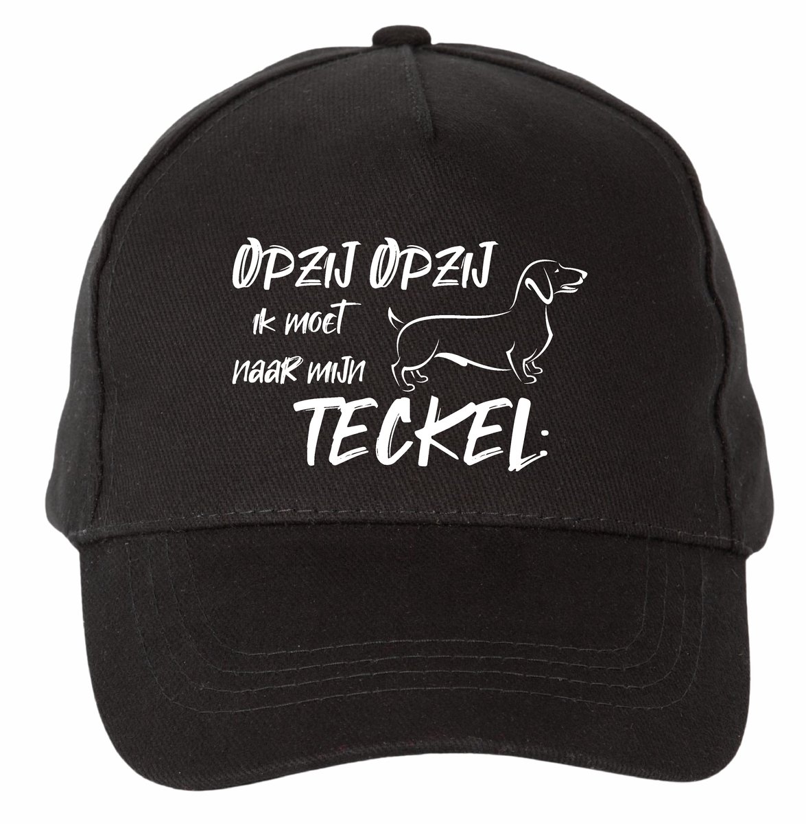 Mijncadeautje - 5 panel - Cap - Verstelbaar - Pet van 100% dik geborsteld katoen- unisex - opdruk wit - opzij opzij naar mijn teckel - zwart