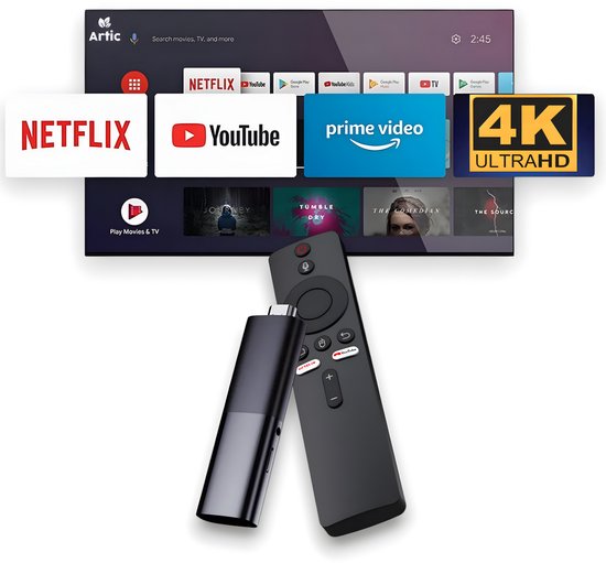 Artic X1 Streaming Box – TV Stick – 4K Ultra HD – 1080p – Incl. Wifi & Bluetooth – Geschikt voor Chromecast – Google TV HDMI Stick – Incl. Google Assistant – Media Streamer – Geschikt voor Android 13 – Draadloze Adapter – TV Streamer – Zwart
