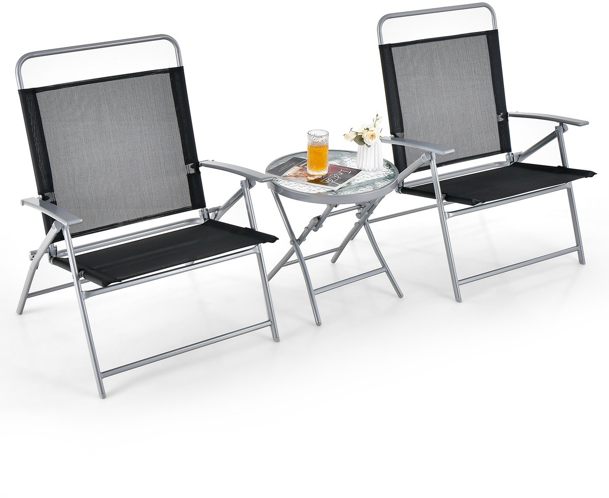 COSTWAY Bistrotafel met 2 stoelen, inklapbare balkonset, 3-delige tuinmeubelset, lage zithoogte, zitgroep, balkonmeubel, tuinmeubelen voor tuin, binnenplaats, balkon