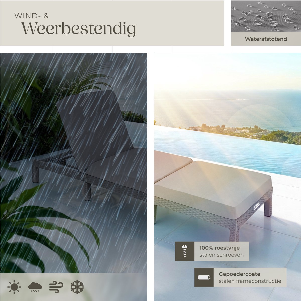 tectake® - Luxe wicker tuinligstoel met 5 verstelbare rugleuningposities, comfortabele vulling en stijlvol design, stabiel stalen frame, onderhoudsvriendelijk, voor tuin, terras, zwembad - grijs — afbeelding 3