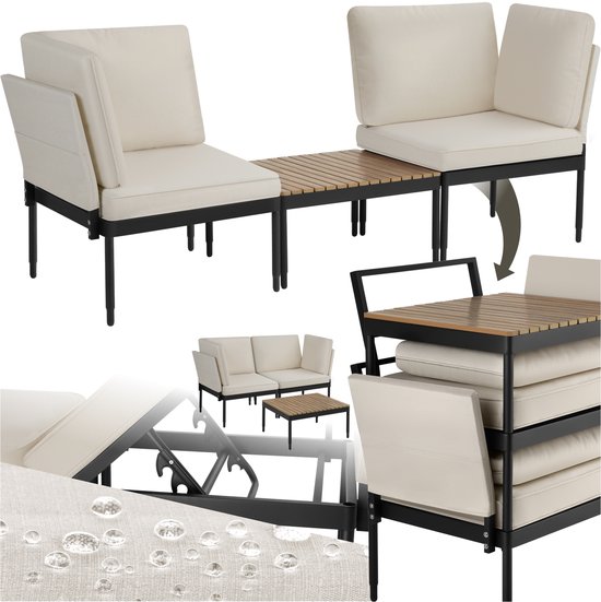 tectake® - Loungeset Magaluf - 5-in-1 tuinset met aluminiumframe - 2 tuin fauteuils en 1 salontafel - Op te stellen als ligstoel, hoekbank of 2-zits tuinbank - Inclusief kussens - Balkonset 2 personen