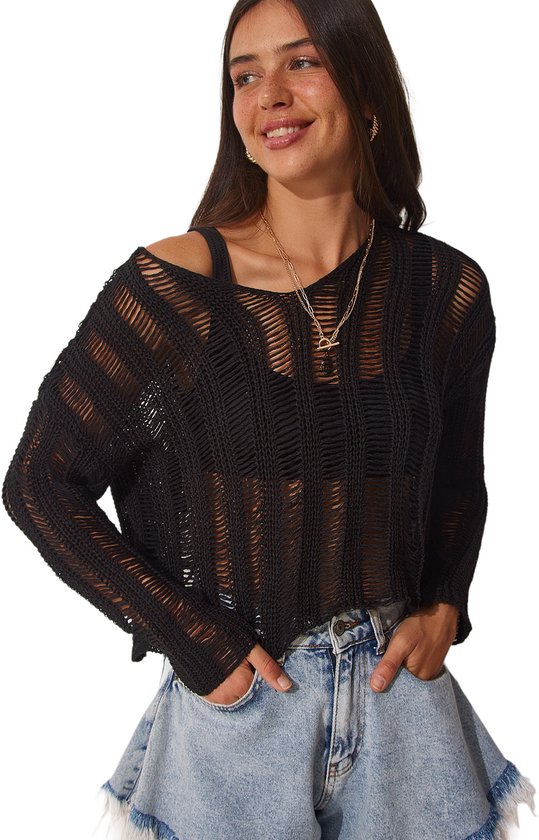 Happiness Istanbul manches Standard Basis noir col en V pull pour femme, culture saisonnière, pull tricoté avec détail déchiré Kİ00091