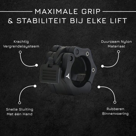 Zwarte barbell clip met een krachtig vergrendelsysteem, duurzaam nylon materiaal en rubberen binnenvoering. Snelle sluiting met één hand.