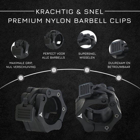Zwarte, premium nylon barbell clips met een krachtig vergrendelsysteem en maximale grip. Supersnel wisselen, duurzaam en betrouwbaar.
