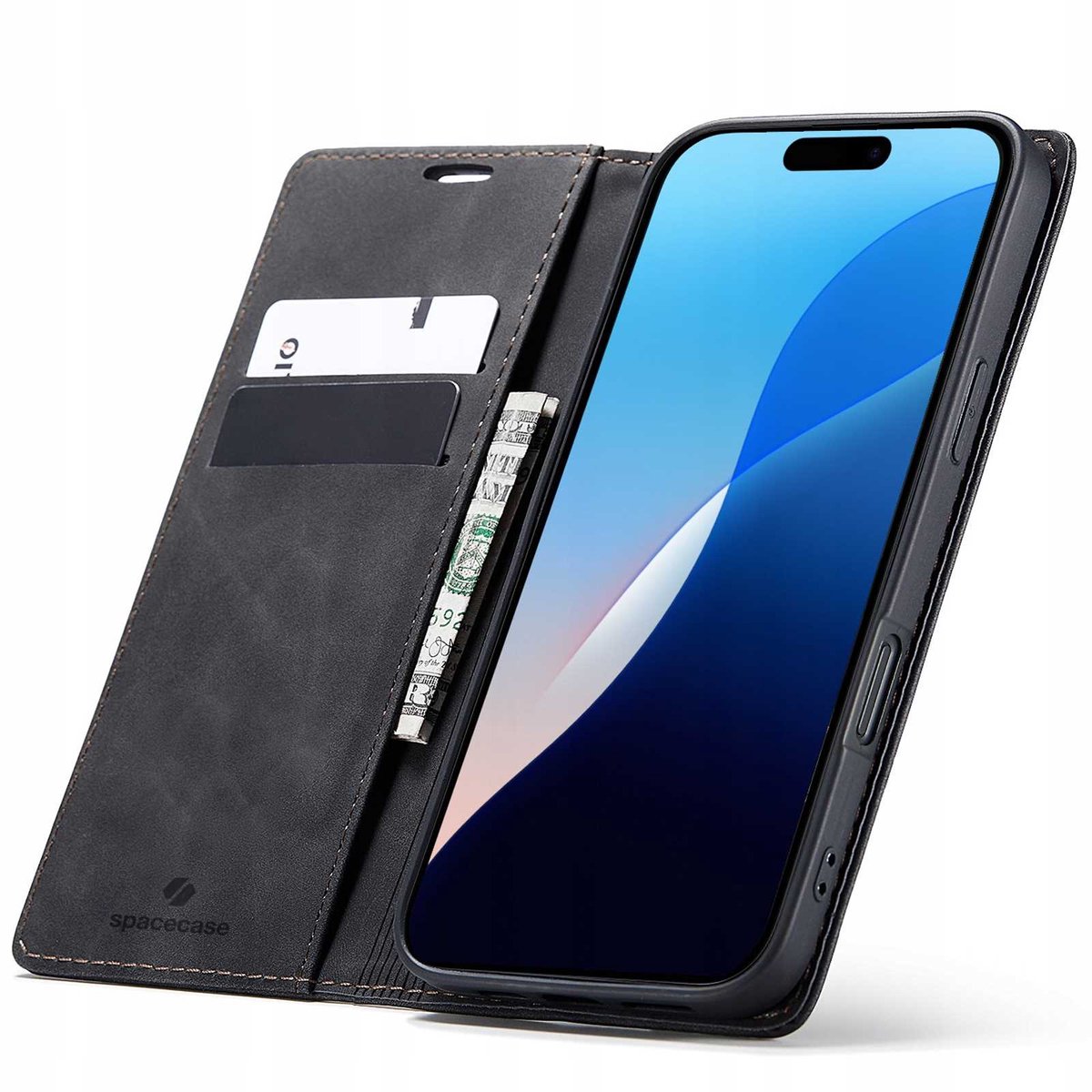 Spacecase Case Portefeuille Case Voor Iphone 16 Zwart Leer