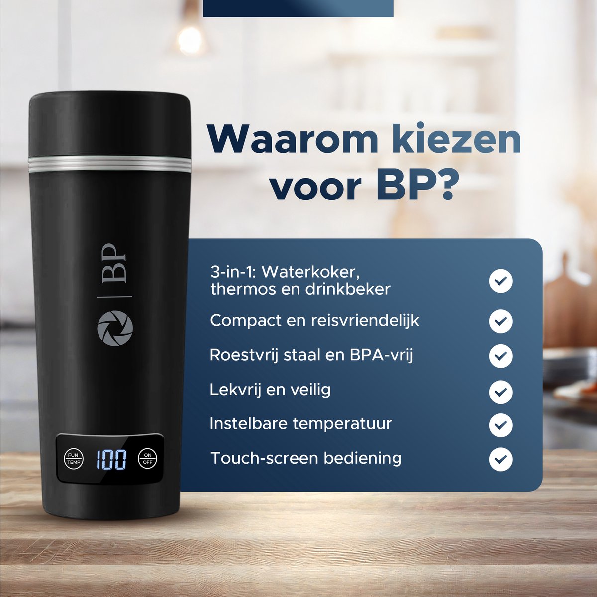 BP® Draagbare Waterkoker - Mini Waterkoker - Kleine Waterkoker - Reis Waterkoker - Camping Waterkoker - Met Temperatuurregeling - Roestvrij Staal - Zwart — afbeelding 7