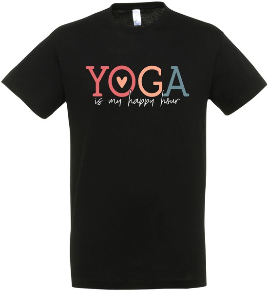 YOGA Is My Happy Hour T-shirt – Yoga T-shirt – Fun T-shirt – Yoga Nidra - Meditatie - Zwart – Grappig shirt – Yogamat - Yoga Kleding – Meditation - Zen - Leuk Cadeau – Yoga shirt Dames – Yoga shirt Heren – Unisex - Maat XL