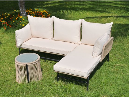 Sweiko Tuin loungeset - Gemaakt van een ijzeren frame en een touwhoes - Met tafel - Hoekbank - Met kussens - Beige