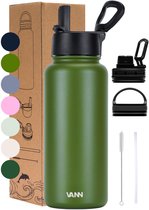 Gourde 1 litre gourde avec paille - Carafe à eau adultes - Set complet - Acier inoxydable - 24h froid/12h chaud - Vert