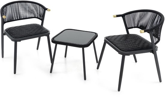 Ensemble de meubles de jardin en rotin COSTWAY, ensemble de balcon avec 2 chaises et une table, meubles de balcon avec rembourrage en mousse à séchage rapide, meubles en rotin pour petit balcon, meubles de patio, groupe de sièges pour jardin