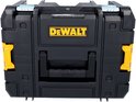 Zwarte DeWalt koffer met gele accenten en logo.