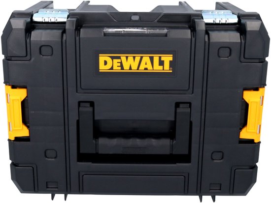 Zwarte DeWalt koffer met gele accenten en logo.