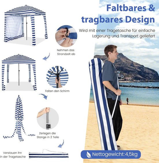 COSTWAY Zonwering met afneembare zijwand en 8 zandzakken, draagbare strandtent met draagtas, outdoor-schaduw voor strand, camping, picknick, 183 x 183 cm van Costway — afbeelding 4