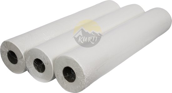 Drie witte rollen onderzoektafelpapier, verpakt in plastic, met een witte textuur.