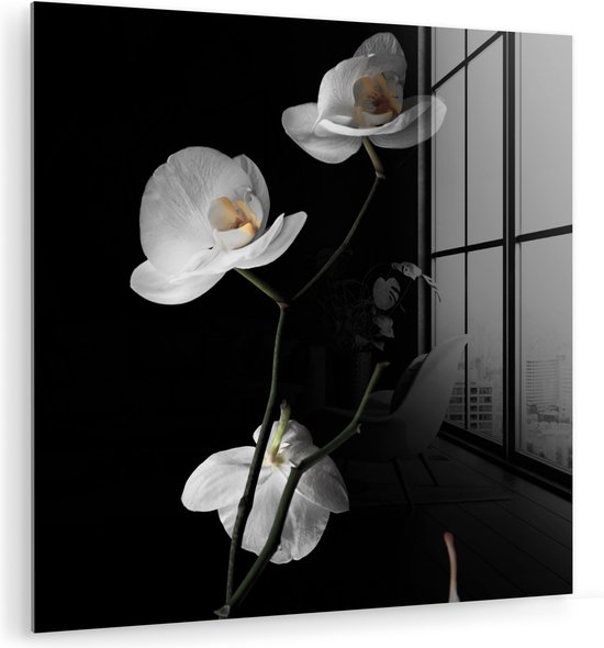 MuchoWow® Peinture sur verre 20x20 cm - Peinture sur verre acrylique - Orchidée - Fleurs - Zwart - Wit - Nature morte - Photo sur verre - Peintures