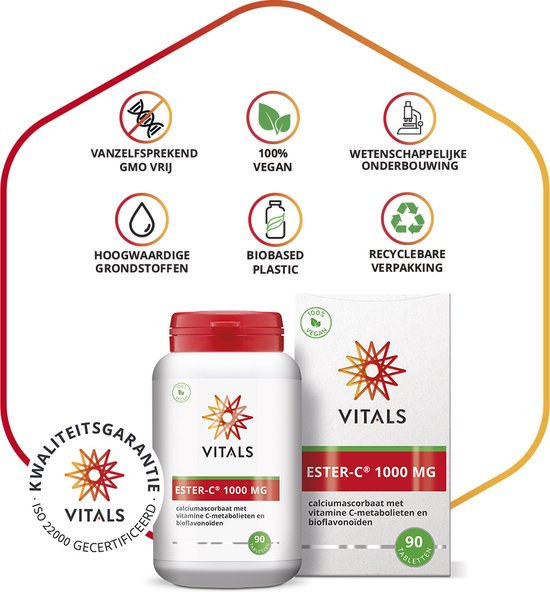 Vitals Ester-C 1000 mg verpakking en pot. Met 100% vegan en recyclebare verpakking logo's.
