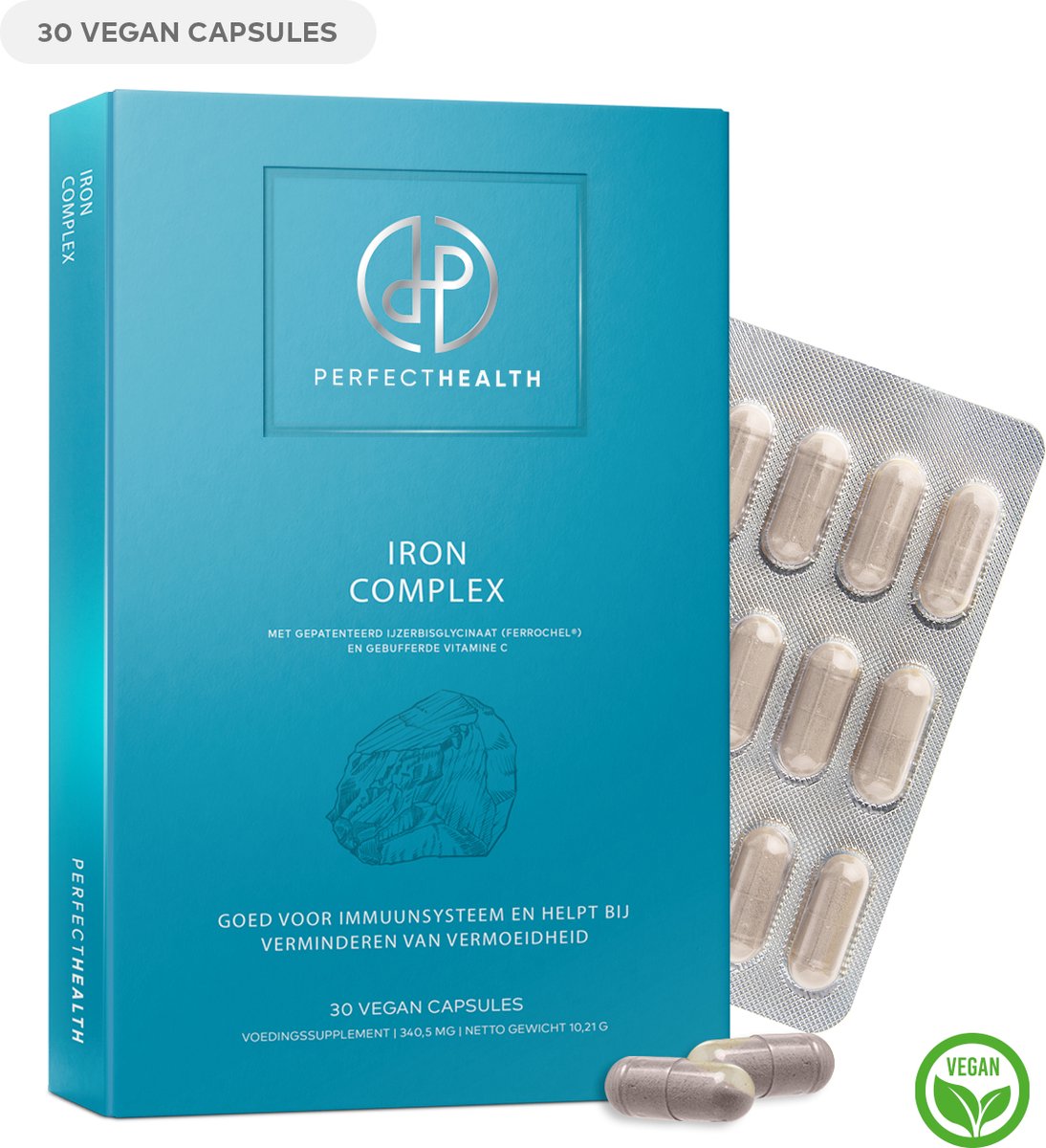 Goedkoopste Perfect Health - Ijzer Bisglycinaat 100mg Capsules - Vermoeidheid Te Lijf - Gebufferde Vitamine C - Hoge Dosering - Vegan - 30 Stuks