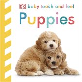 Twee pluizige, lichtbruine puppy's liggen op elkaar. De titel is 'DK baby touch and feel Puppies'.