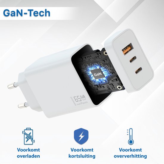 Chargeur USB C 65 W avec 3 Portes (2x USB-C, 1x USB-A) – Comprenant 2x Câbles USB C de 3 mètres – Adaptateur Super Rapide