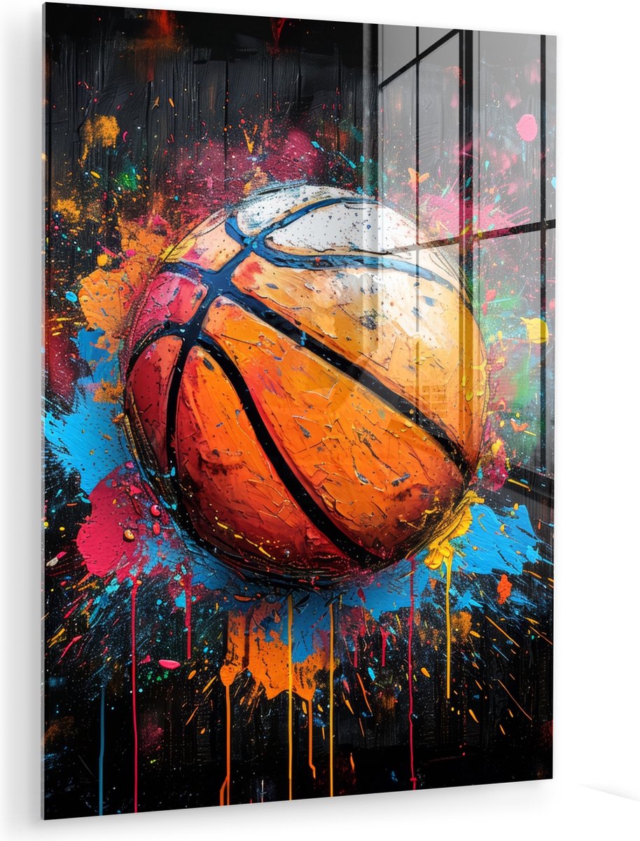 MuchoWow® Glasschilderij 90x120 cm - Schilderij acrylglas - Graffiti - Basketbal - Verf - 