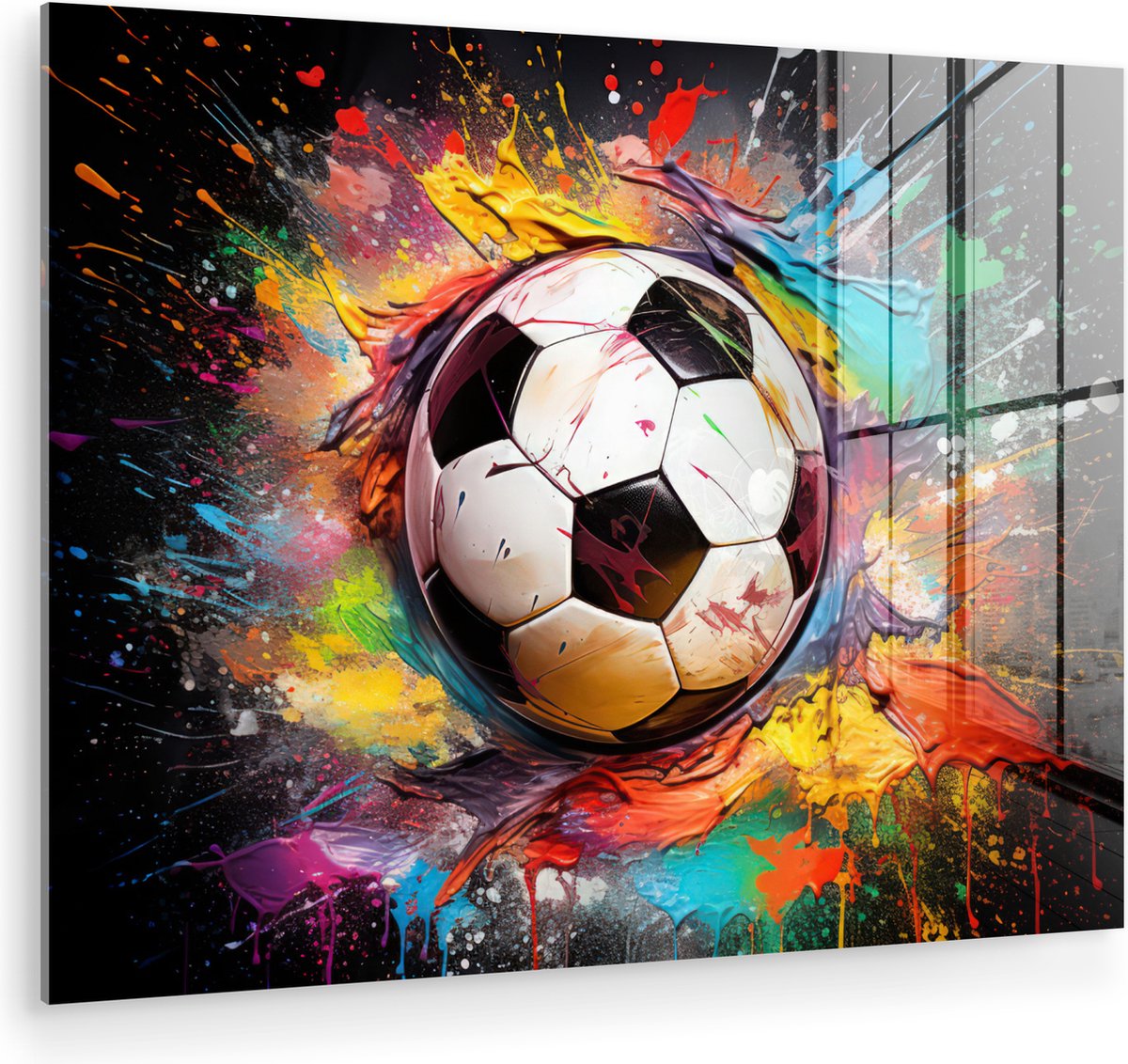 MuchoWow® Glasschilderij 40x30 cm - Schilderij acrylglas - Voetbal - Verf - Kleuren - Zwart - Wit - Foto op glas - Muurdecoratie woonkamer - Wanddecoratie slaapkamer - Schilderijen