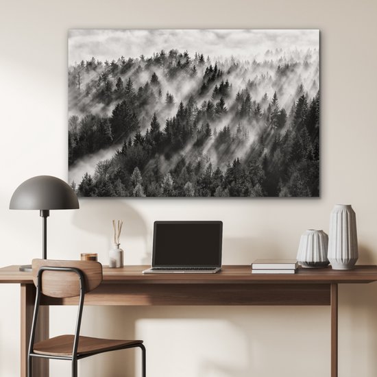 Tableau sur aluminium 120x80 cm - Décoration murale en métal - Paysage - Brume - Forêt - Nature - Décoration murale en métal pour salon - Décoration industrielle - Photo sur Dibond - Accessoires industriels pour chambre