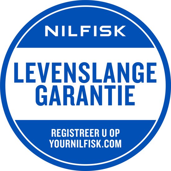 Blauw rond logo met witte tekst: NILFISK LEVENSLANGE GARANTIE REGISTREER U OP YOURNILFISK.COM.