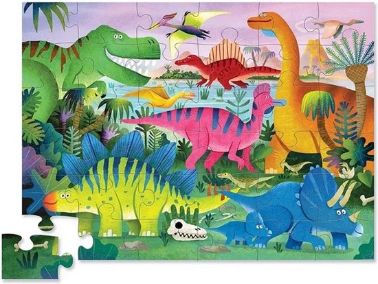 Kinderpuzzel met diverse dinosaurussen in een prehistorisch landschap, waaronder een grote groene T-Rex, een rode Spinosaurus en een oranje Brachiosaurus. Een puzzelstukje ligt ernaast.