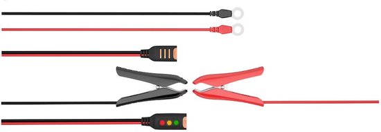 Rood en zwart gekleurde accuklemmen met bijbehorende stekkers en indicatoren.