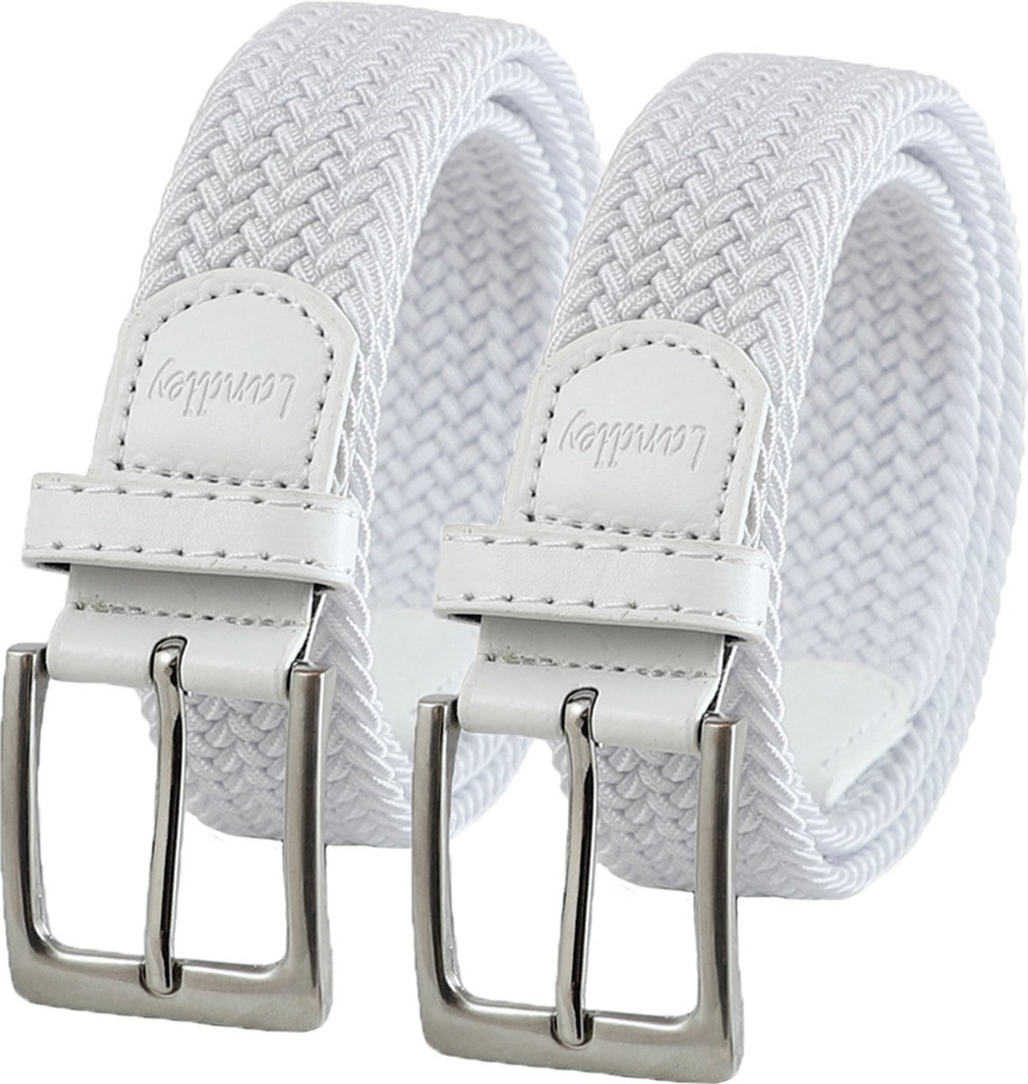 Landley Elastische Gevlochten Stretch Riemen Duopack - Voordeelset met 2 riemen - Dames en Heren - Wit - Lengte totaal 130 cm / Riemmaat 115